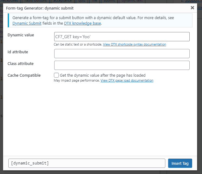 The form tag generator screen for the dynamic phone number (tel) form tag