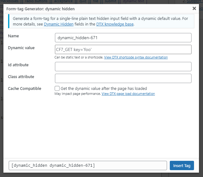 The form tag generator screen for the dynamic sliding range form tag