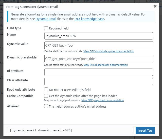The form tag generator screen for the dynamic textarea form tag