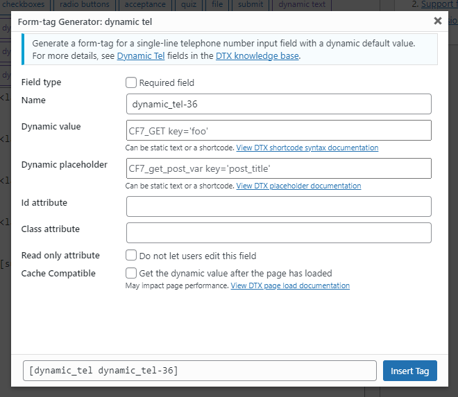 The form tag generator screen for the dynamic checkboxes form tag