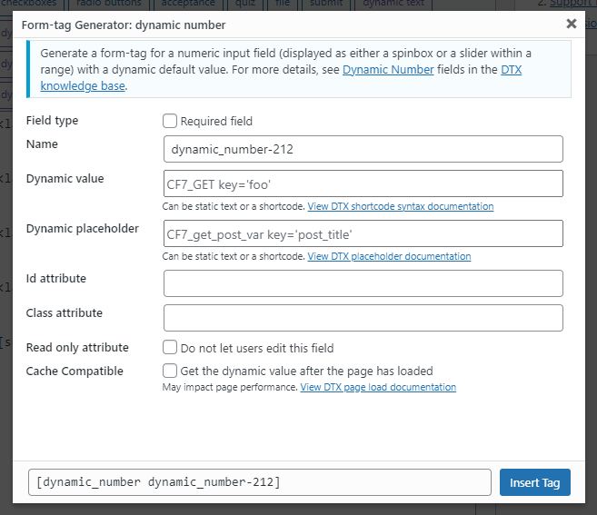 The form tag generator screen for the dynamic radio buttons form tag