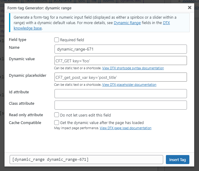 The form tag generator screen for the dynamic date form tag