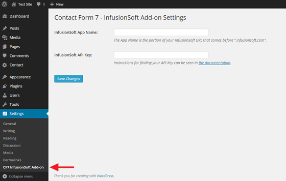 Upon plugin activation, a new options page will appear in your Admin Settings menu. Your InfusionSoft App Name and [API Key](http://ug.infusionsoft.com/article/AA-00442/0) will need to be set here before you can use the plugin.
