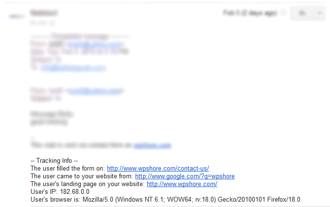 A sample email with the tracking information generated by the plugin.