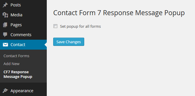 Contact Form 7 Response Message Popup settings. Apply popup to all forms.