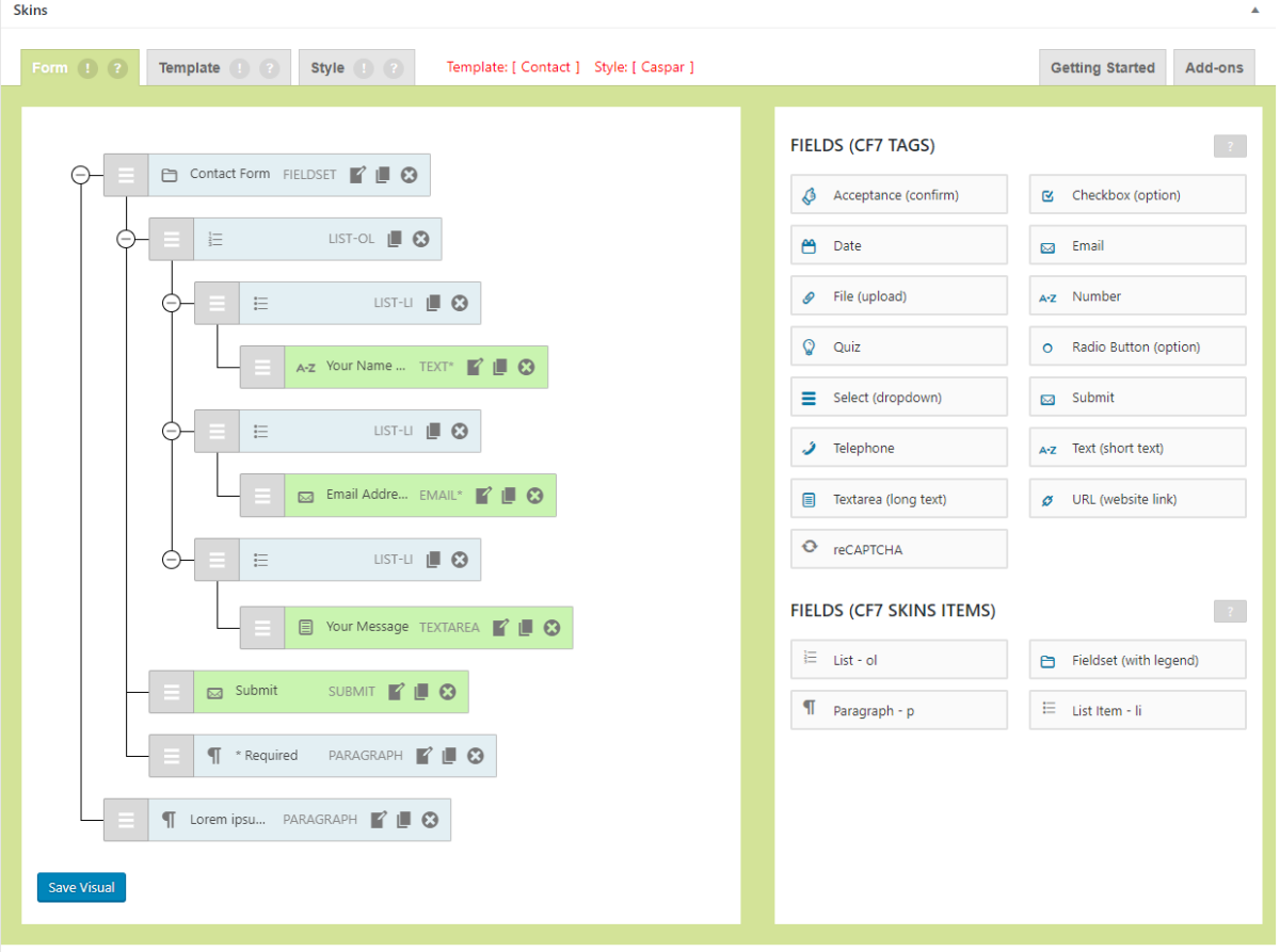 CF7 Skins provides a drag & drop **Visual Editor** for your forms