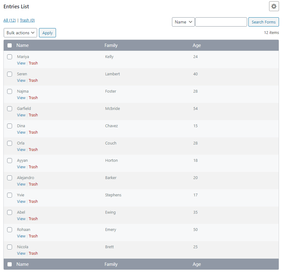 View the data entered by the users in tabulated form.