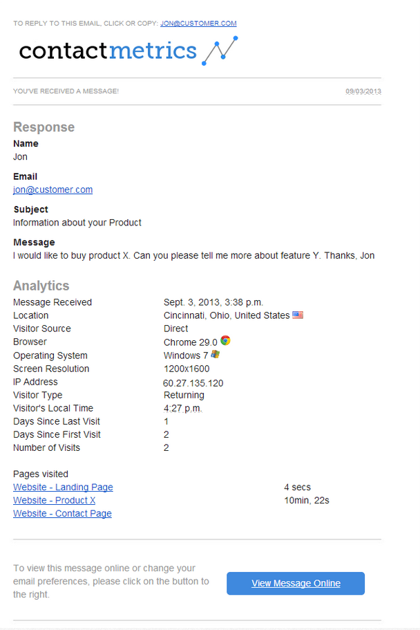 Example of an email response.  Detailed analytics require use of ContactMetrics SAAS.