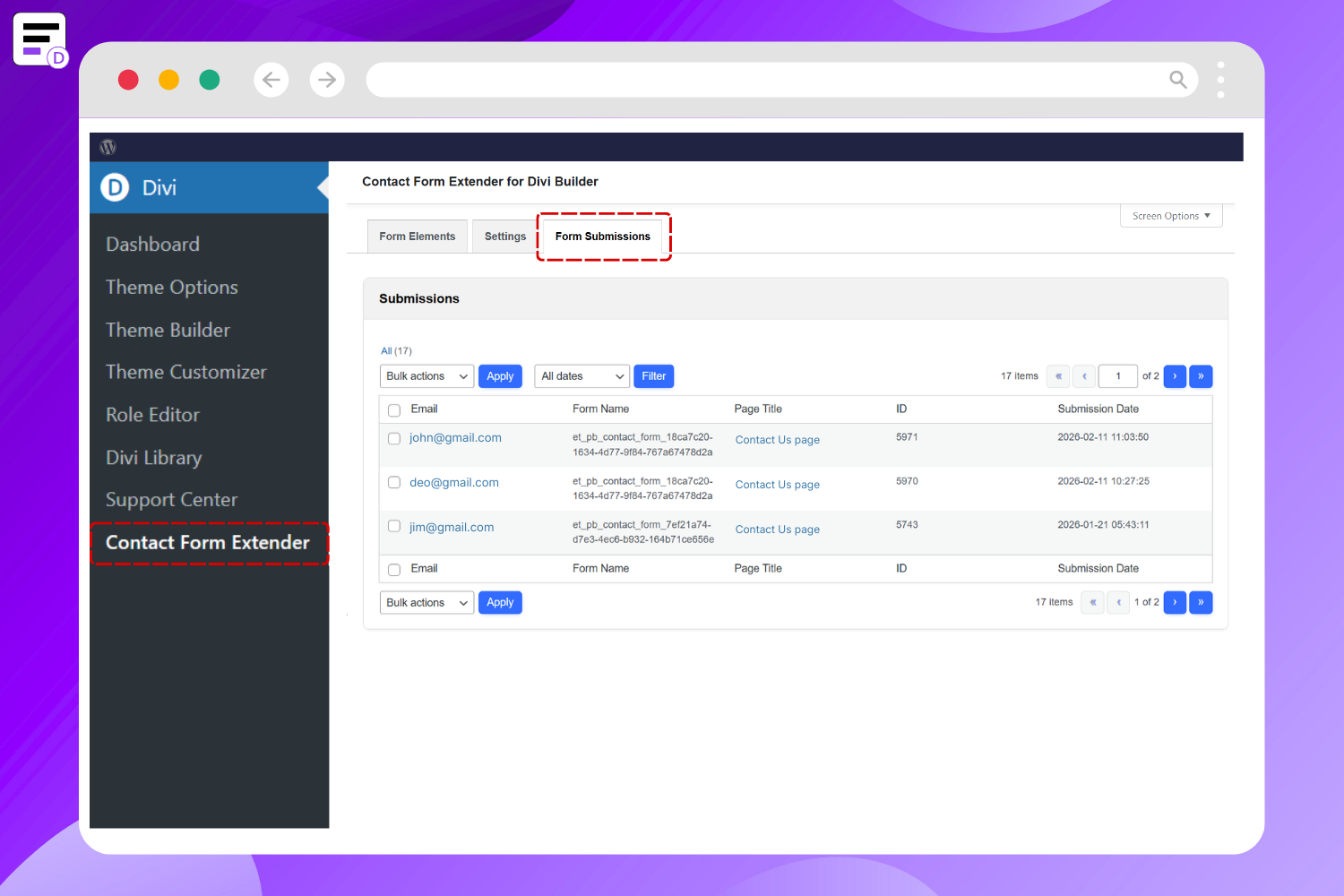 Saved Divi Form Submissions in Dashboard