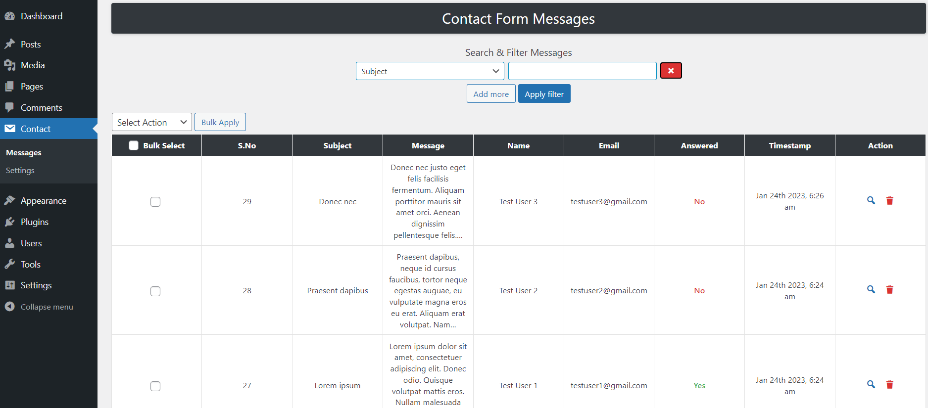 Contact Form Messages in WordPress Admin Panel