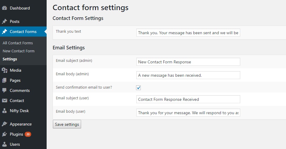 **Contact Form Ready** Back end (contact form settings page)