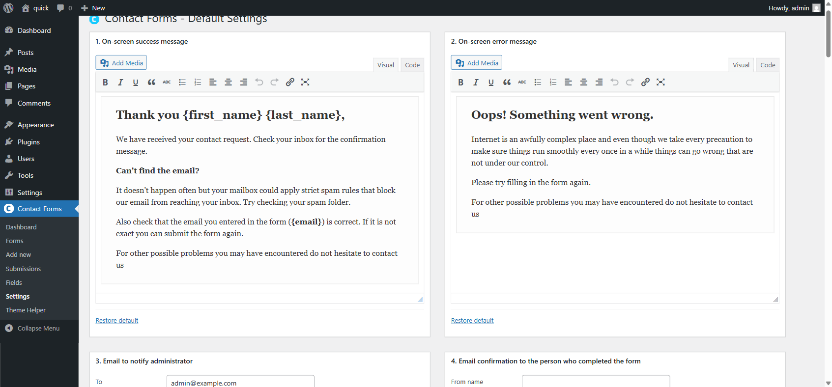 Messages tab. Set up online success messages and email messages.