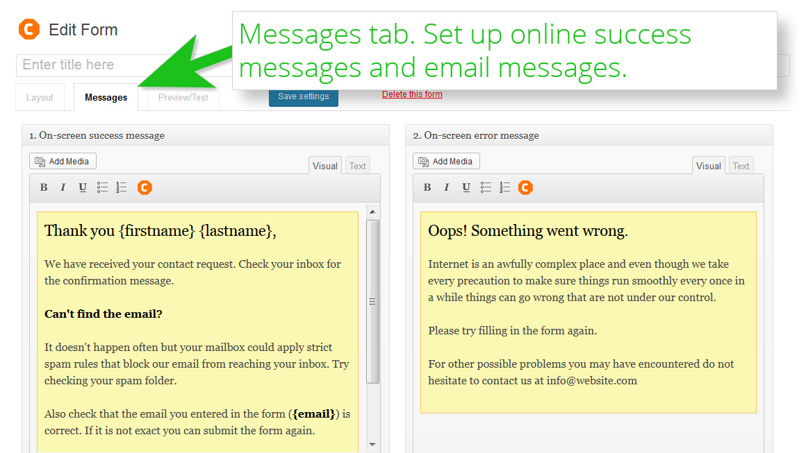 Messages tab. Set up online success messages and email messages.