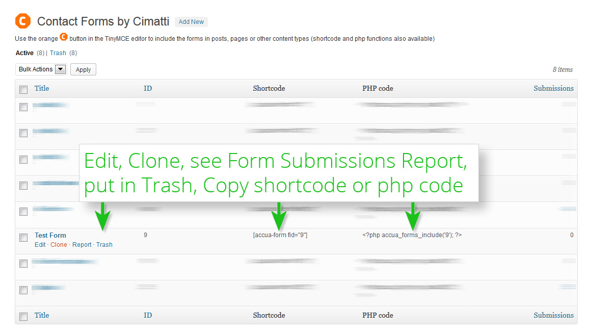 List and manage forms. Edit, clone, see form submissions report, put in trash, copy shortcode or php code