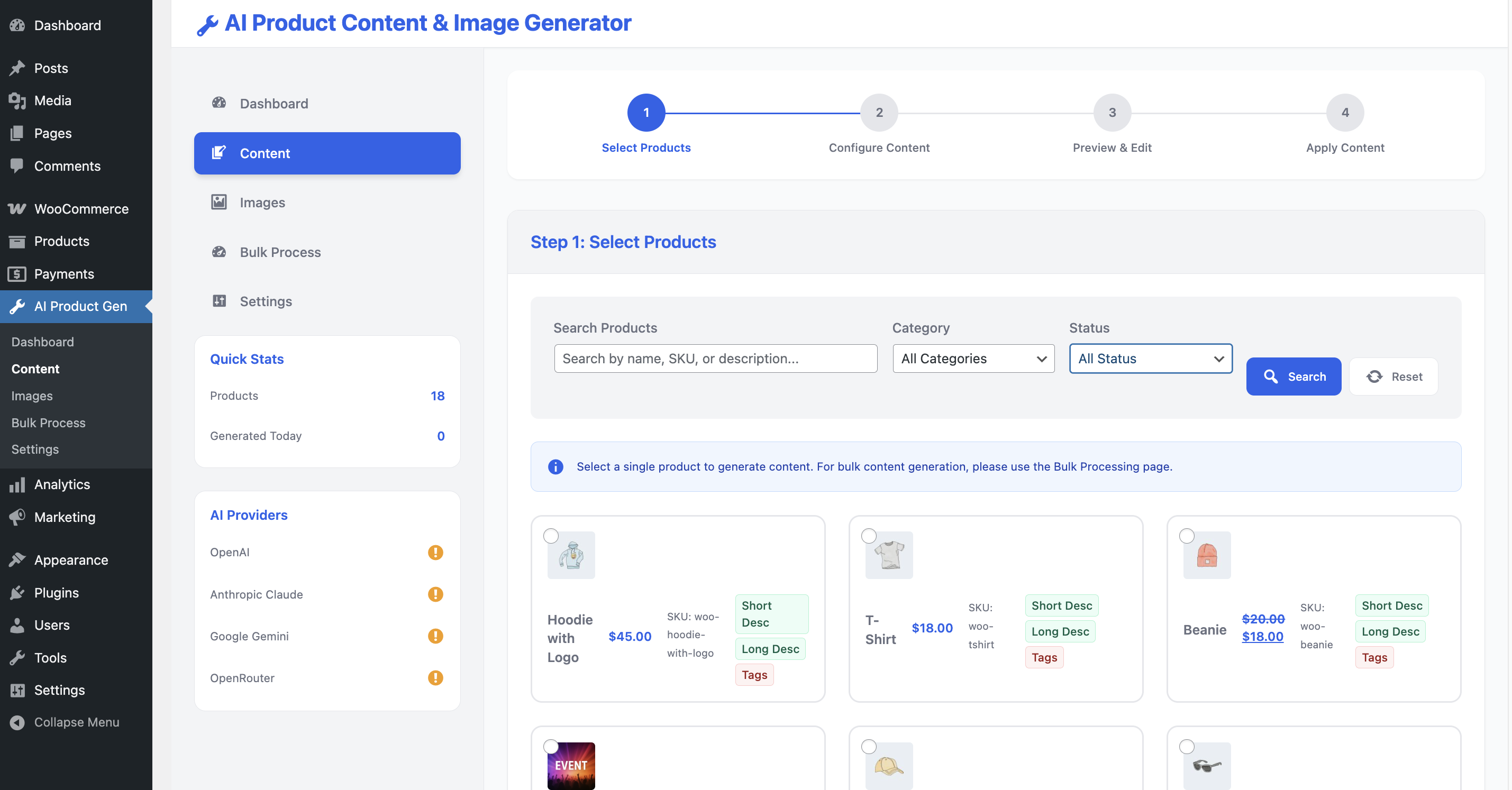 Content generator interface with tone and provider selection