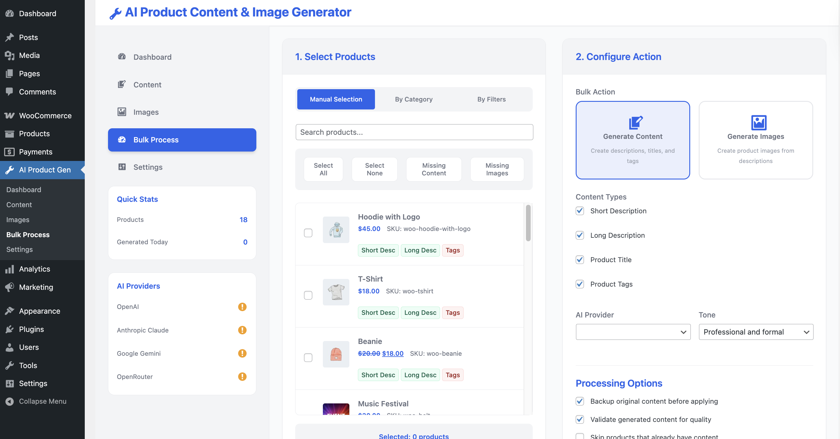 Bulk processing interface for handling multiple products