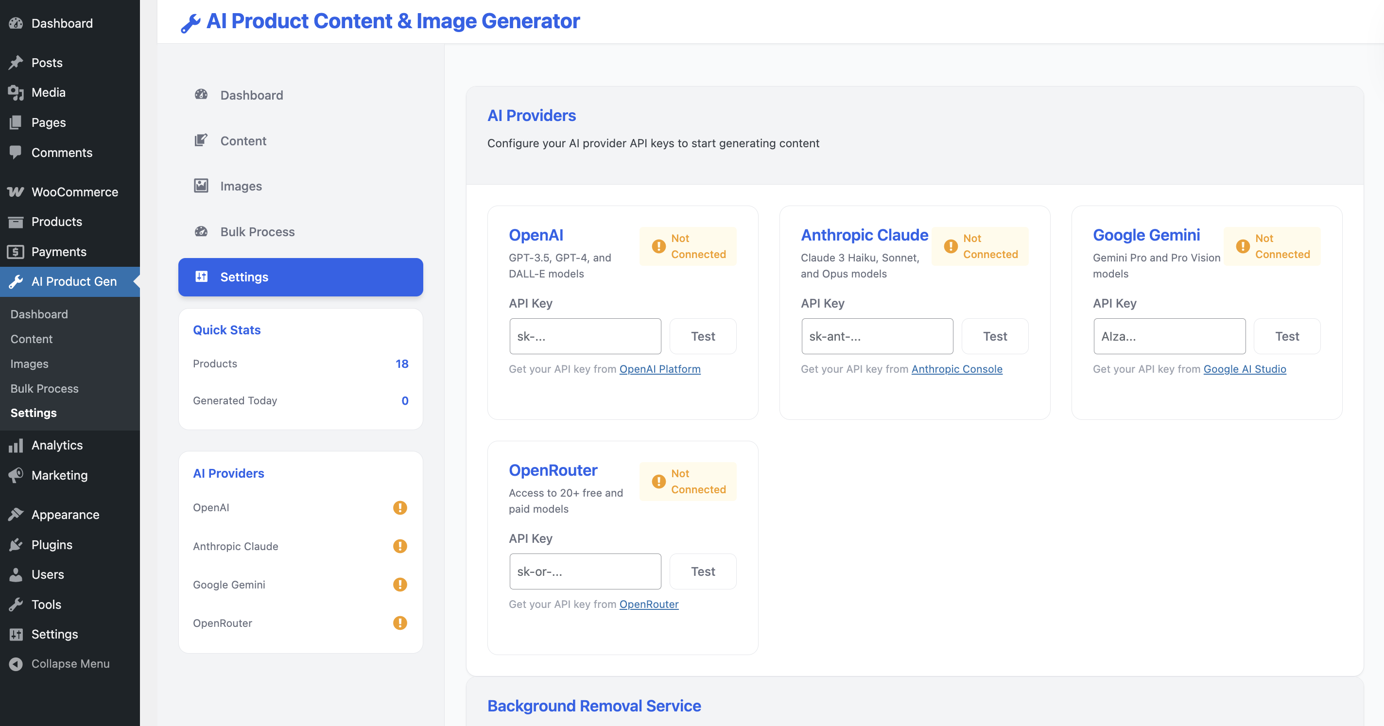 Settings page for configuring AI providers