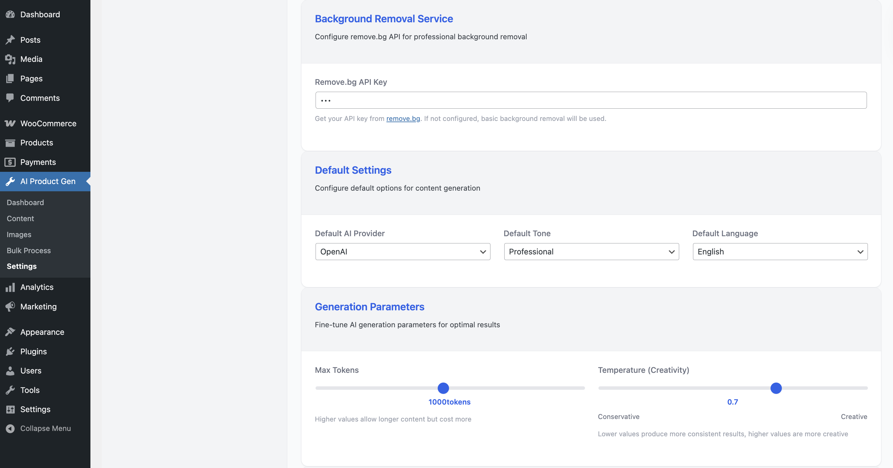 Settings page background remove settings