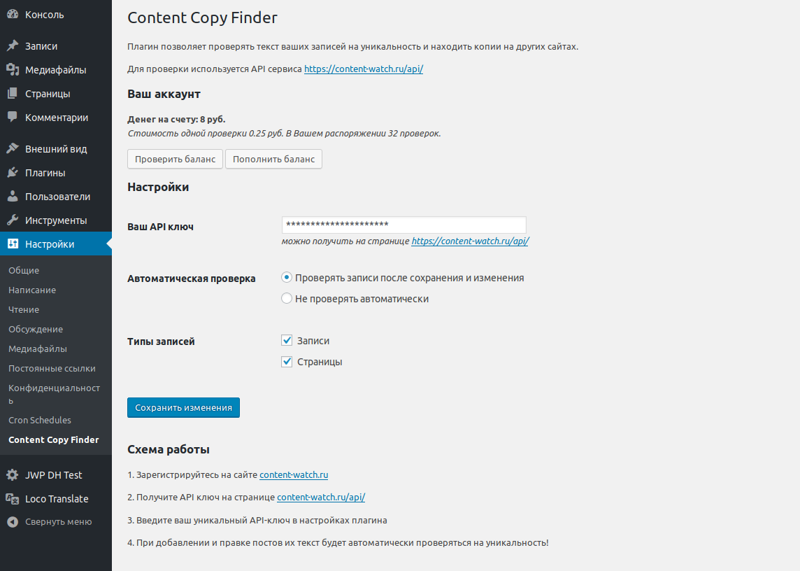 Content Copy Finder страница настроек