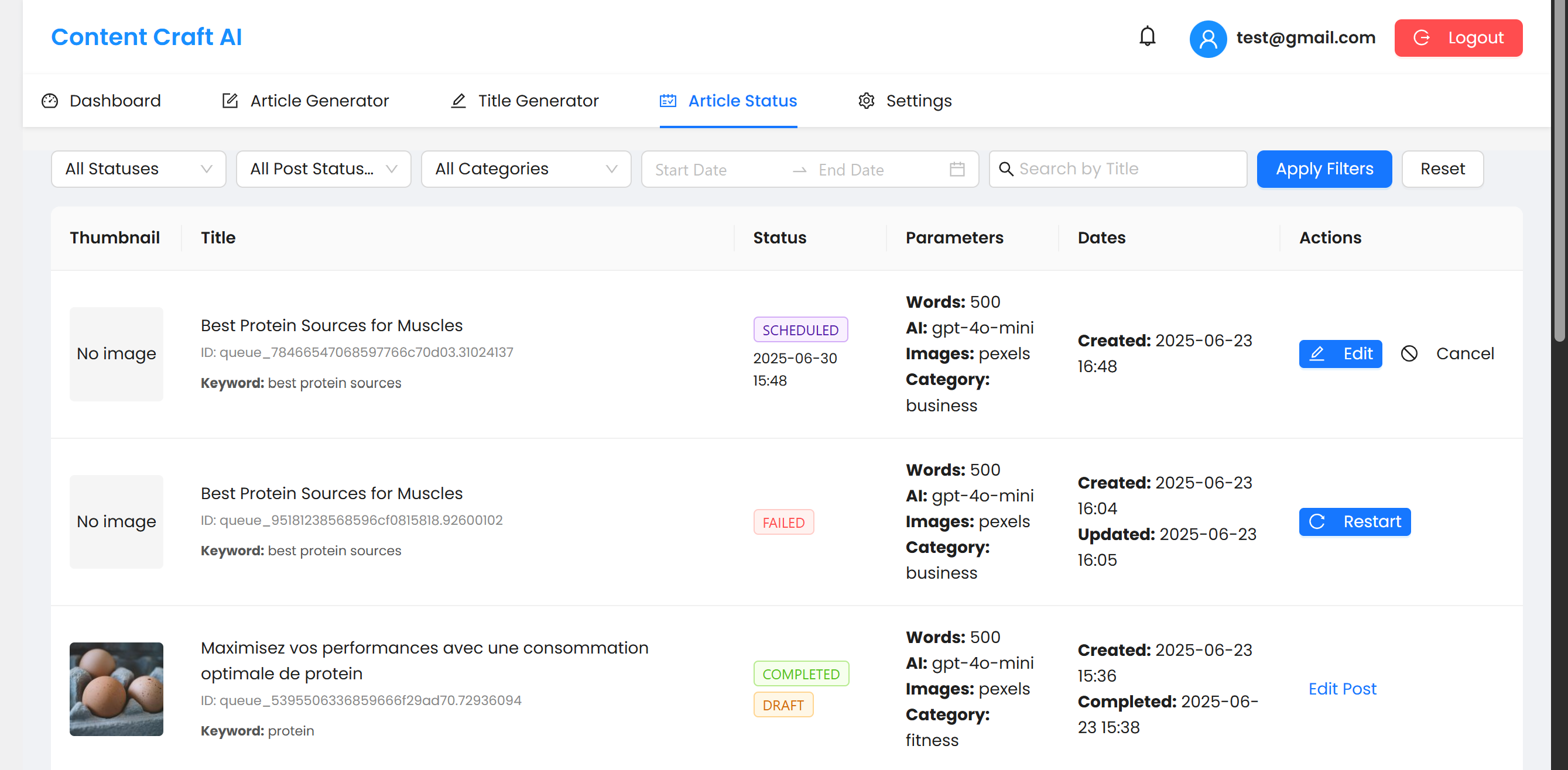 Article Status - View and manage your generated articles