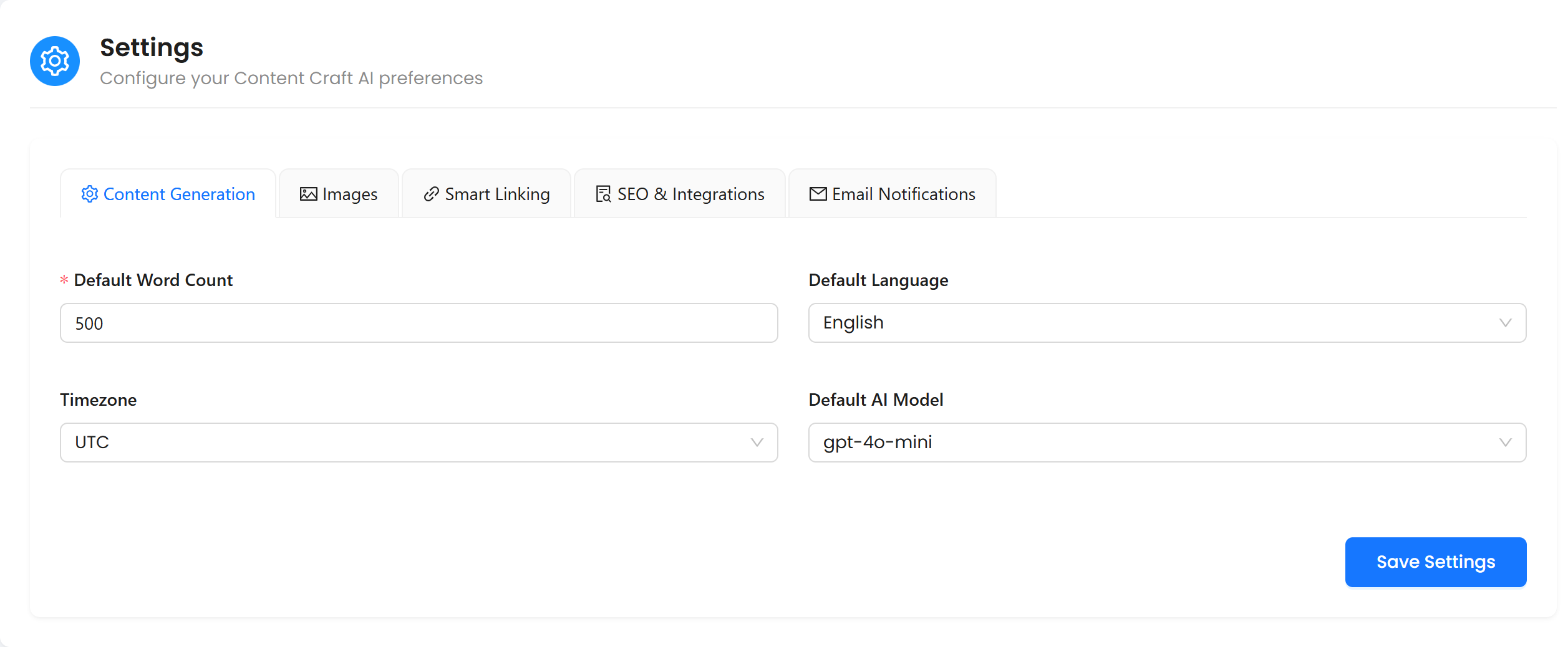 Settings - General settings and content preferences