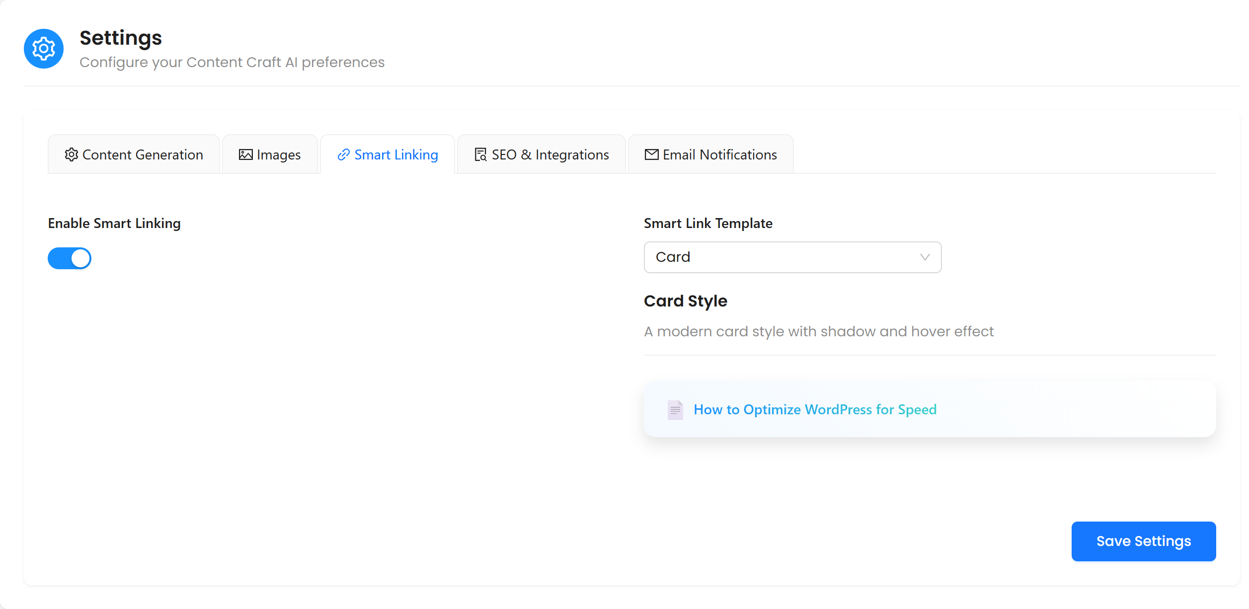 Settings Page - Configure your API keys and content preferences