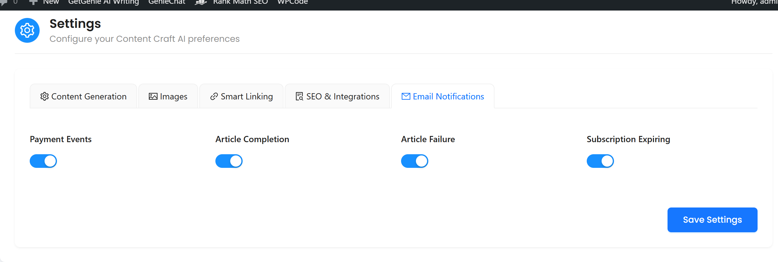 Settings Page - Configure your API keys and content preferences