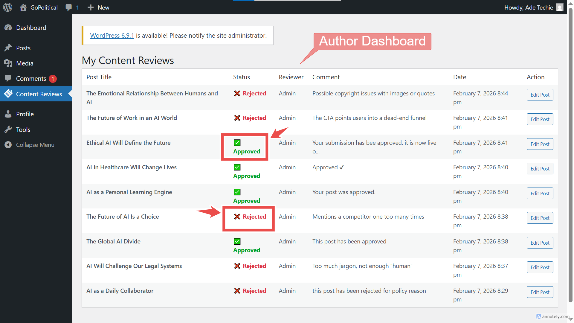 Author dashboard view displaying review feedback and content status