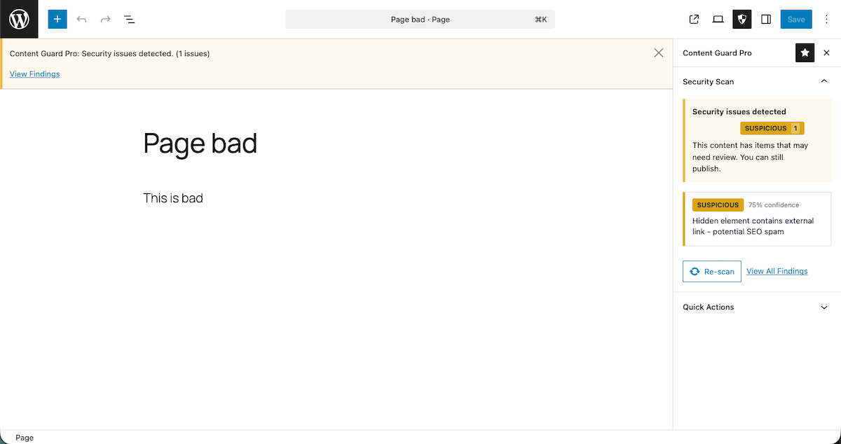 **Finding Details with Confidence Scoring** — Deep analysis of each detected threat including severity level, confidence score (0-100), exact location, and remediation steps.