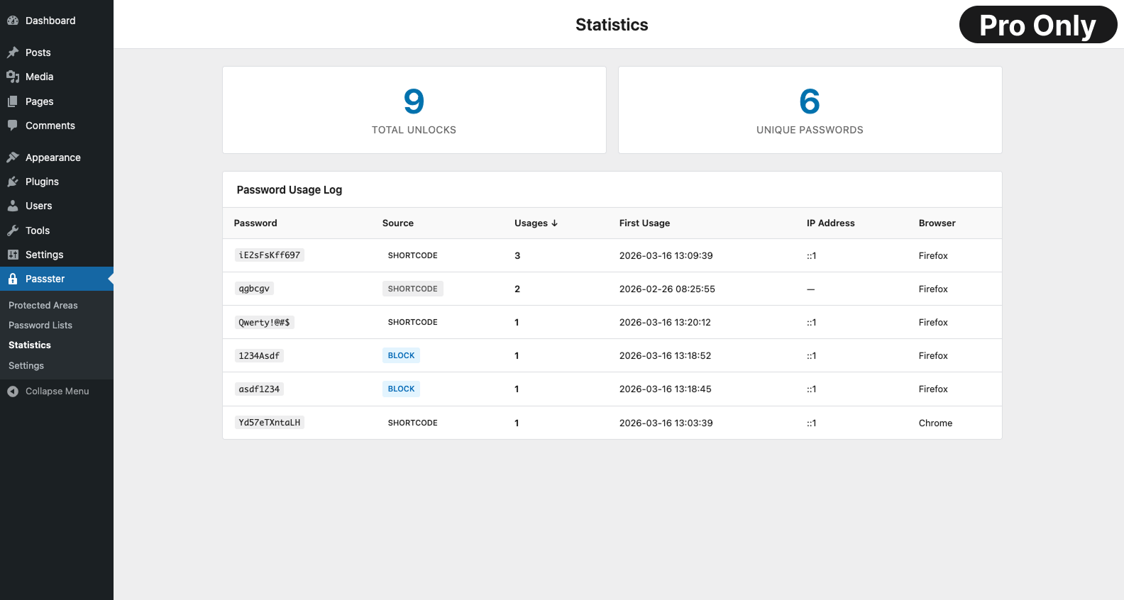 Passster Statistics - Pro only