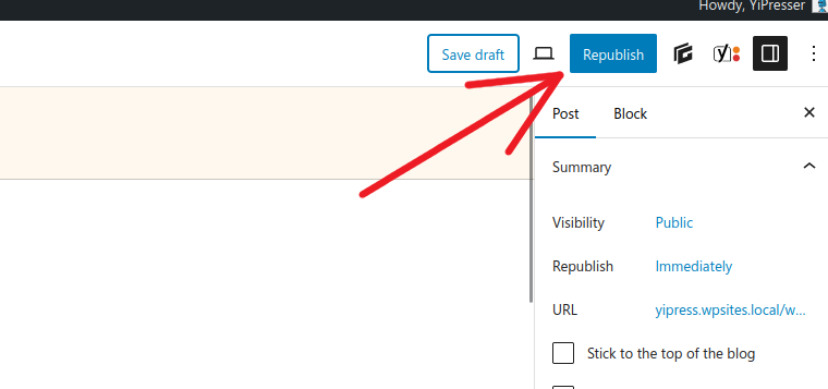 Publish button is changed to "Republish" to avoid confusion.