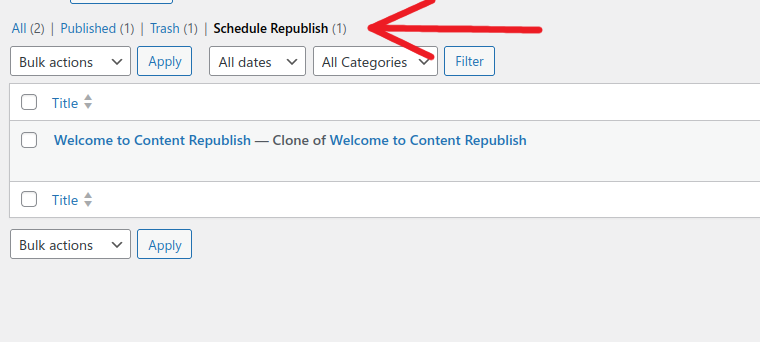 Scheduled posts are saved with the "Schedule Republish" status to avoid mix up with the regular post.