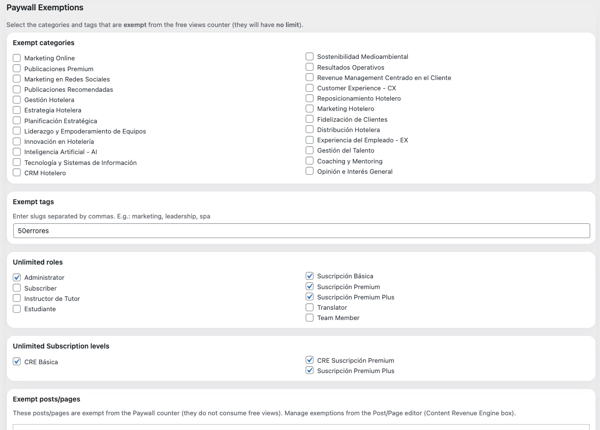 Paywall Exemptions: Control which categories, tags, roles, and subscription levels bypass restrictions.
