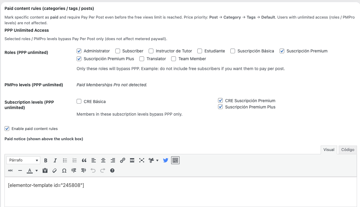 Paid Content Rules: Define paid content logic and PPP unlimited access rules.