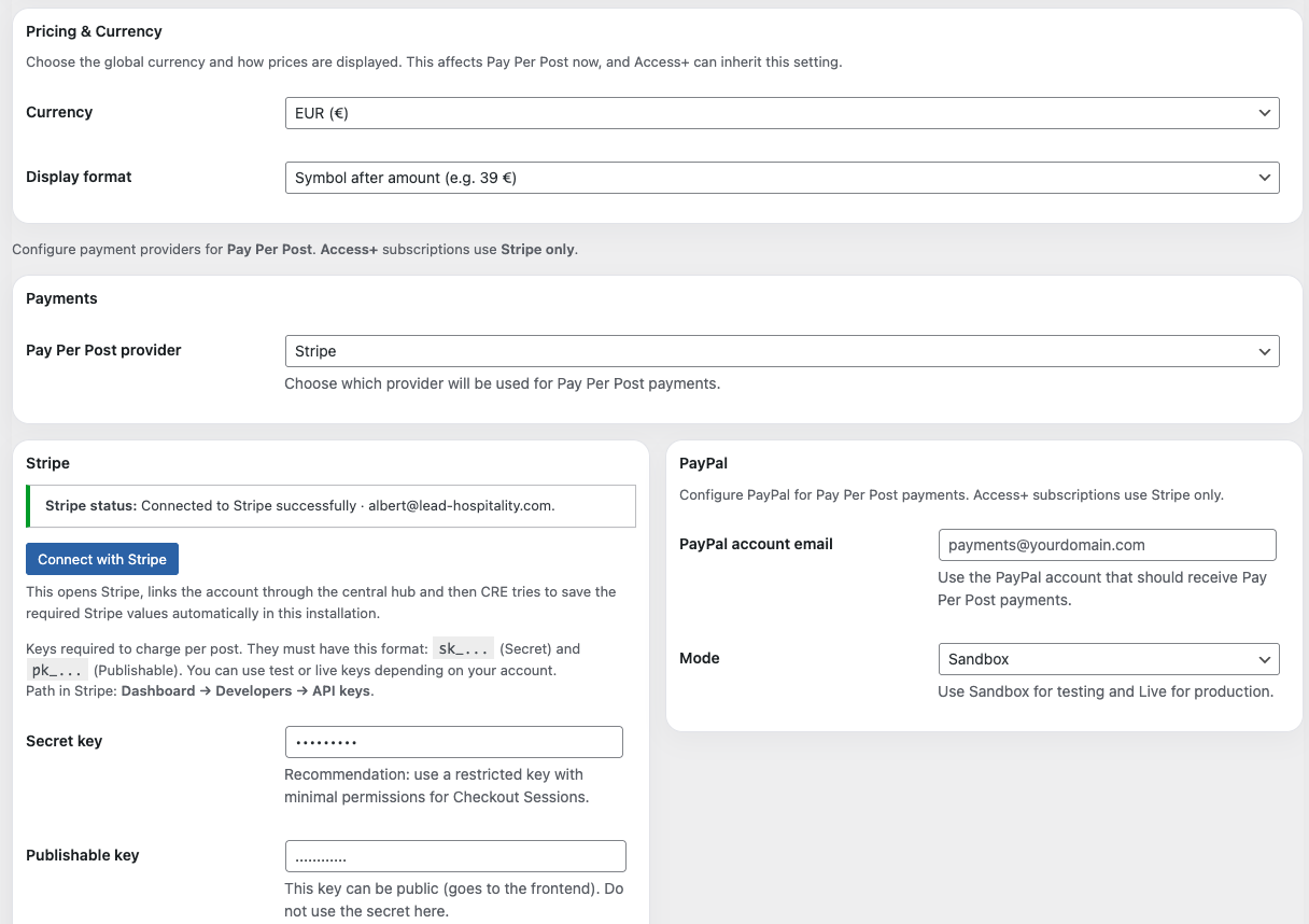 Settings: Configure pricing, currency, Stripe, and Pay Per Post provider settings.