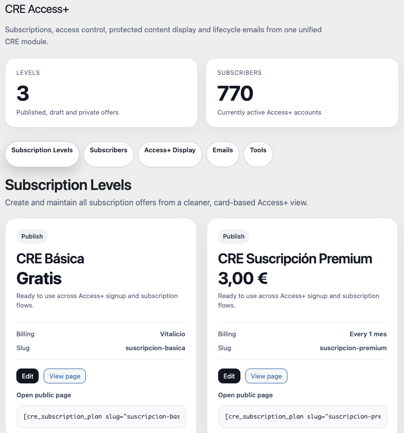 Access+ Dashboard: Manage subscription levels, subscribers, and recurring revenue workflows.