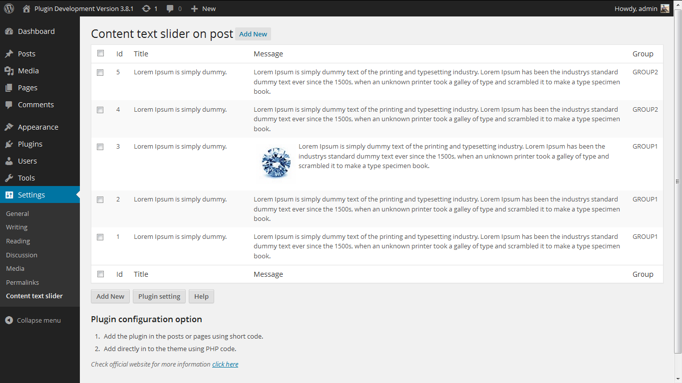 Plugin Admin Page. http://www.gopiplus.com/work/2012/01/02/content-text-slider-on-post-wordpress-plugin/