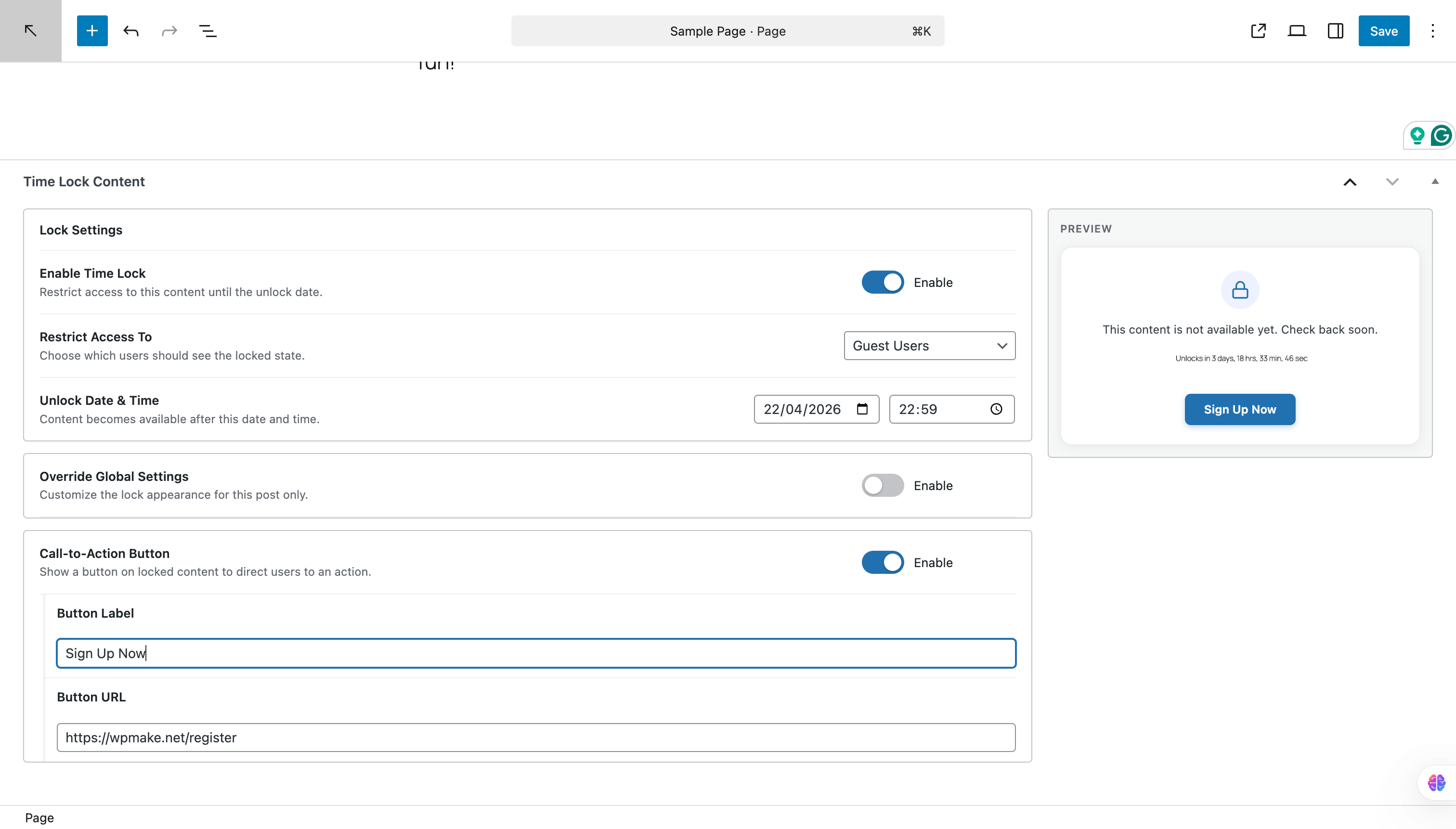 The global settings page under Tools → Content Time Lock.