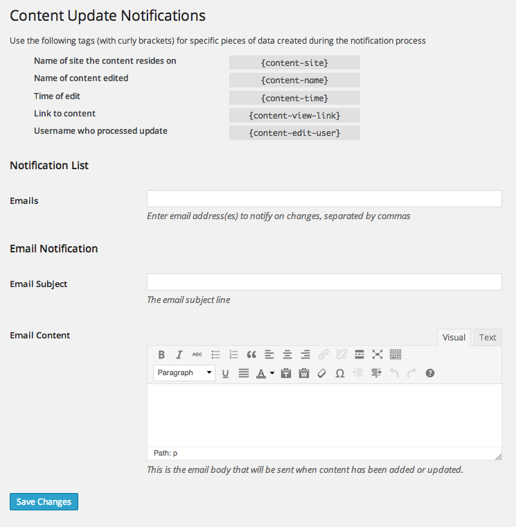 An example of the settings page
