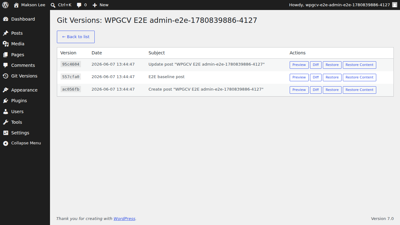 Content Versions page for a post with preview, diff, and restore actions.