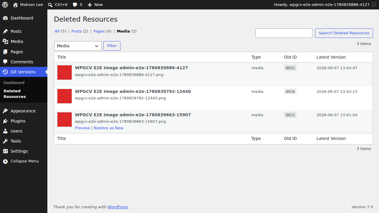 Deleted Resources list with post, page, and media restore options.