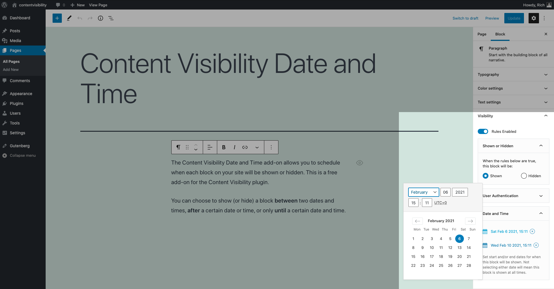 Showing the content visibility date and time controls in the content editor sidebar