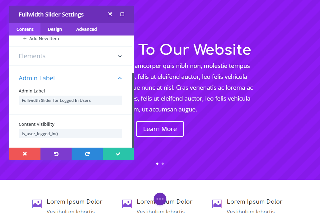 The Content Visibility option in the Divi 3.x Visual Builder interface.