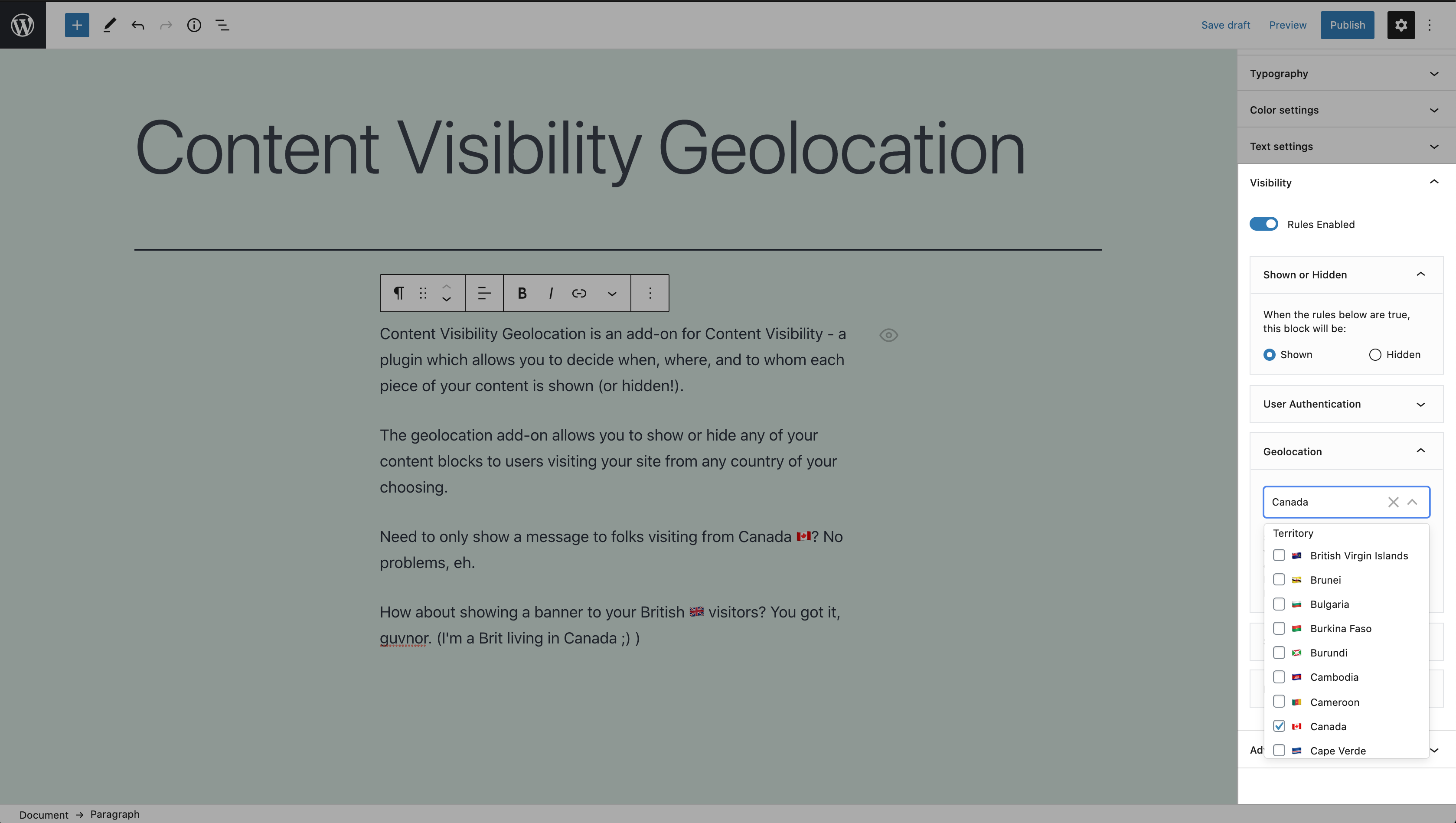 Showing the content visibility geolocation controls in the content editor sidebar