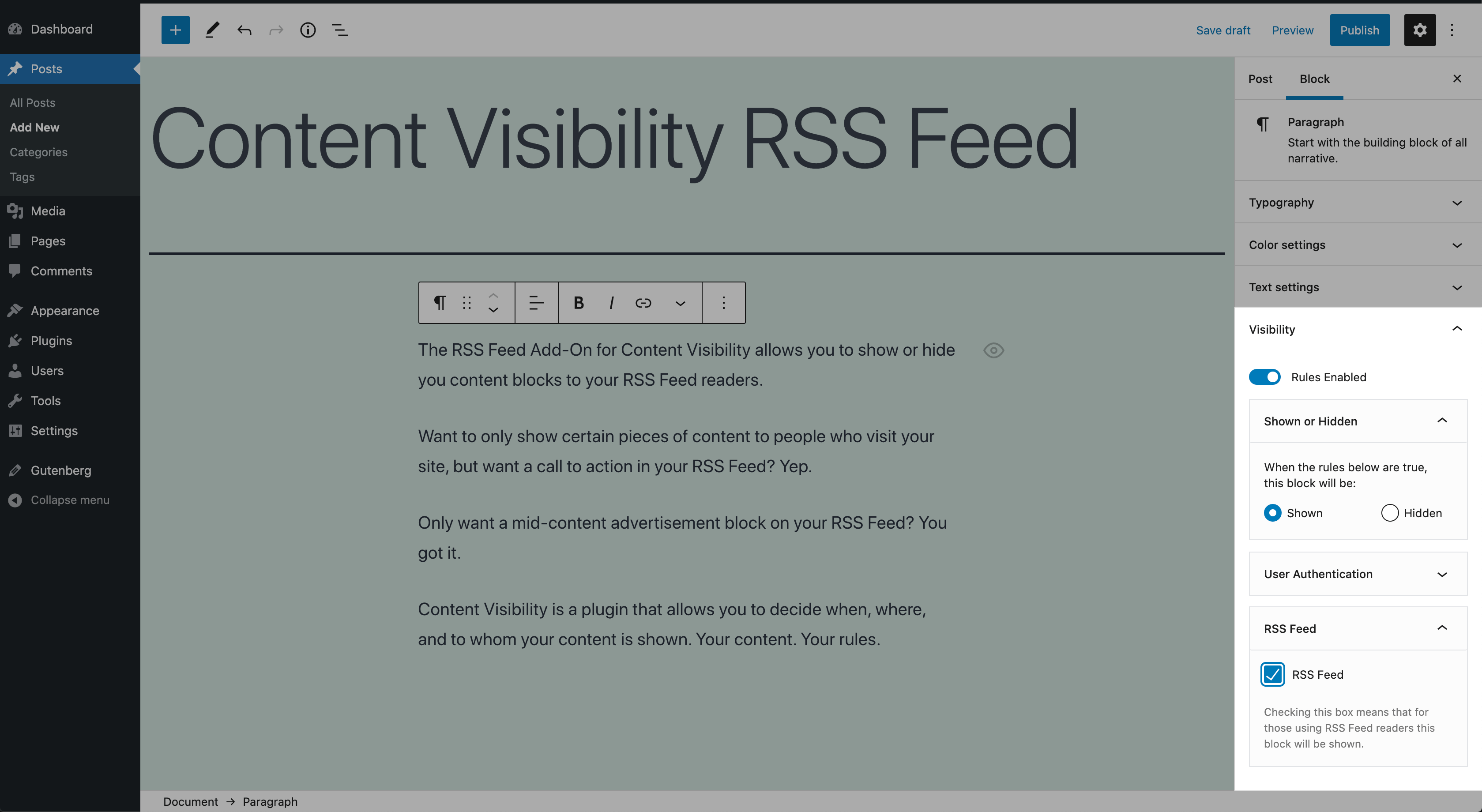 Showing the content visibility RSS Feed controls in the content editor sidebar