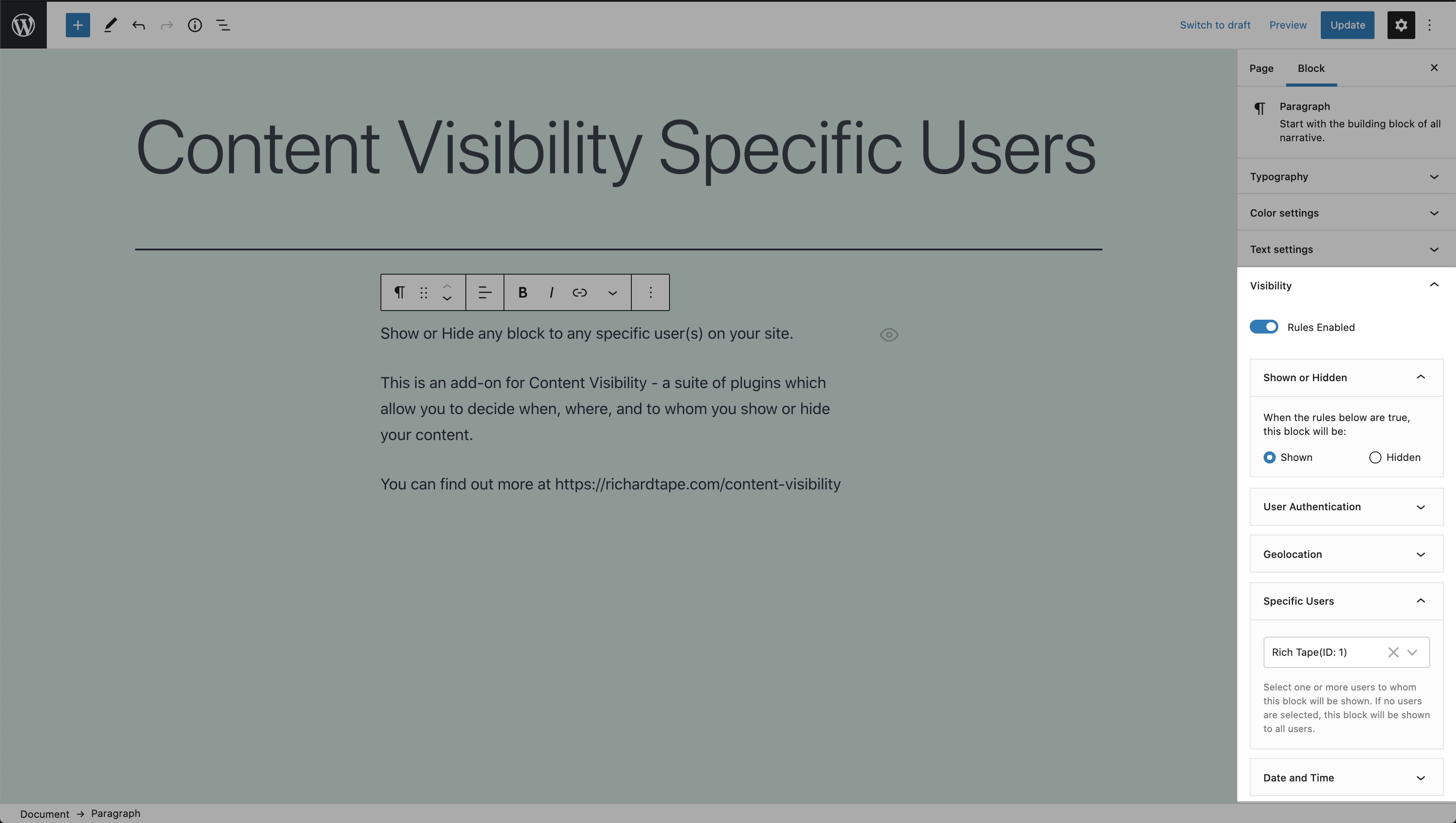 Showing the content visibility specific users controls in the content editor sidebar
