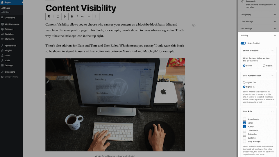 Showing the content visibility controls in the content editor sidebar
