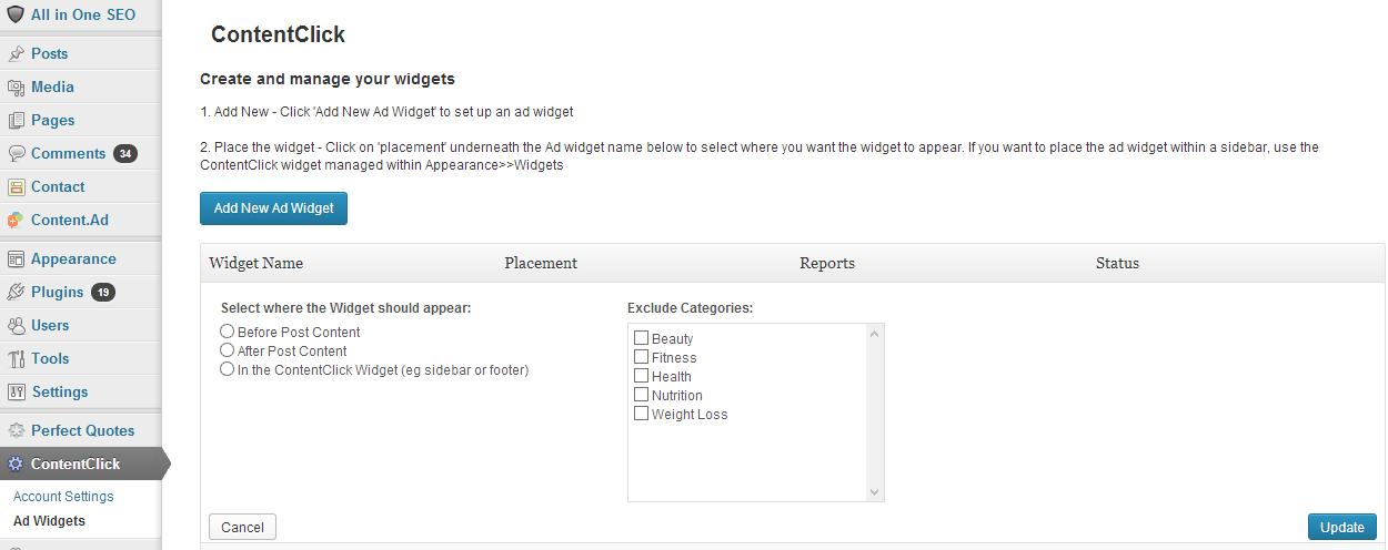 **Step 3 If you wish, you can exclude the widget from appearing within certain blog categories.**