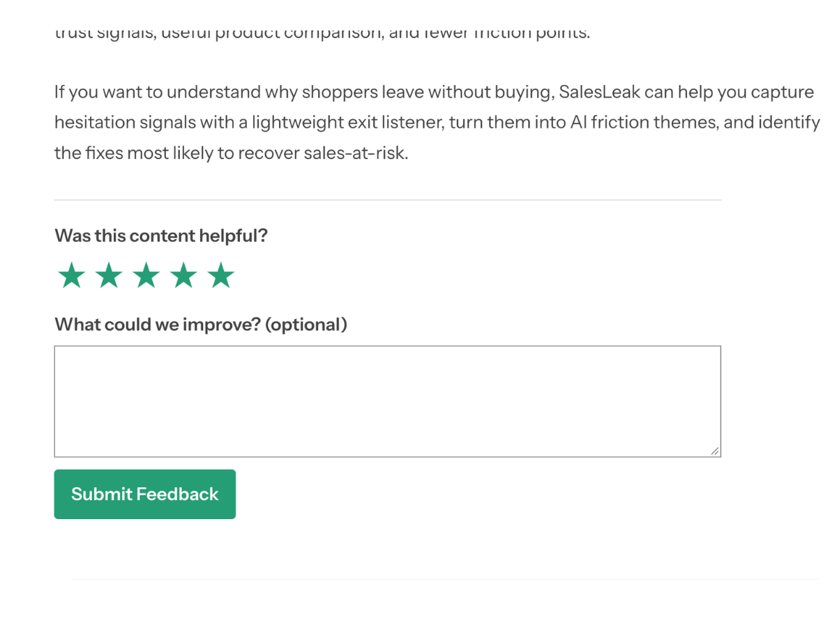 The expanded feedback form with a five-star selection, optional comment field and submission button.