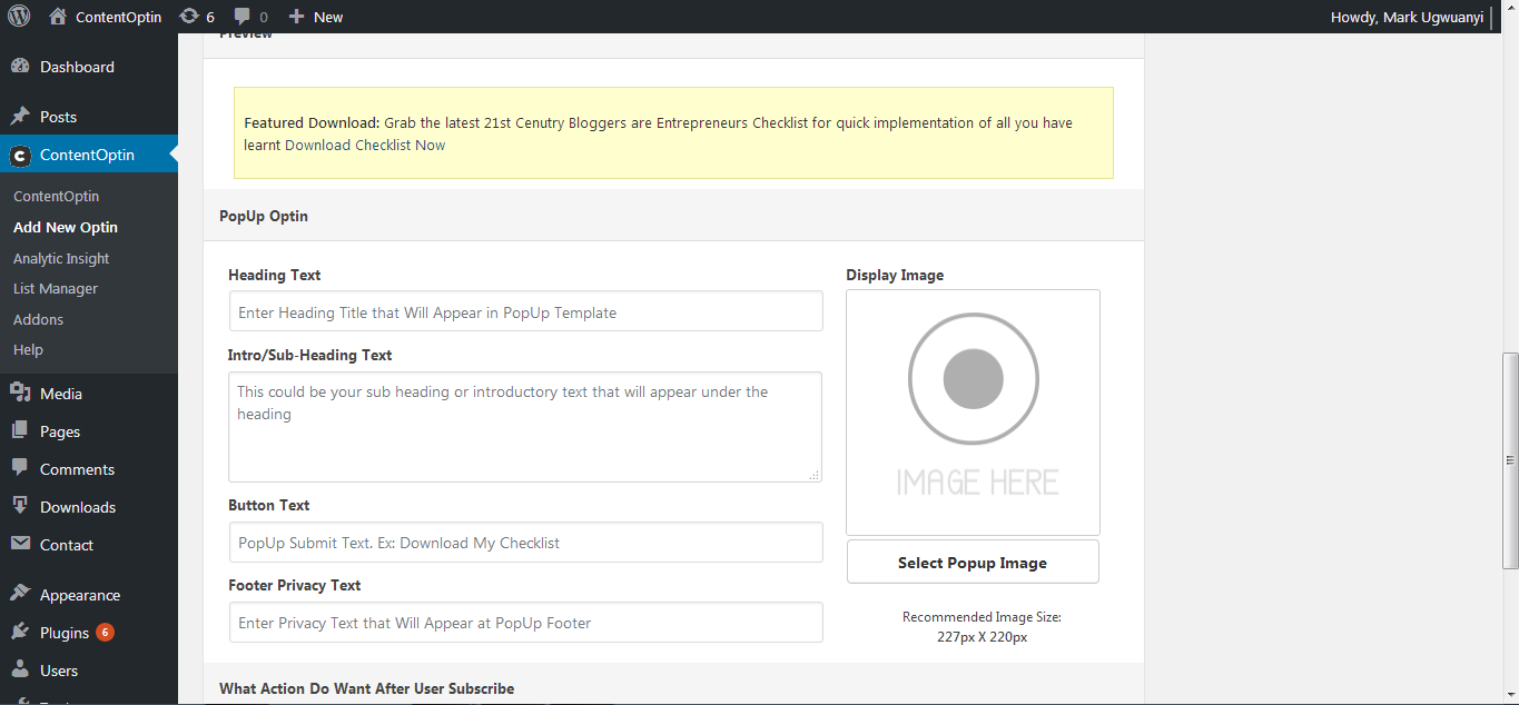 Screenshot of Add New Optin Popup setting panel.